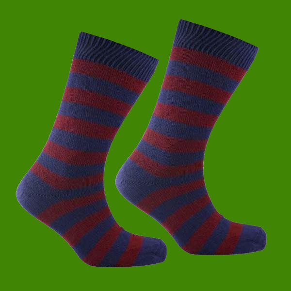 Navy and Burgundy Striped Socks Green Background