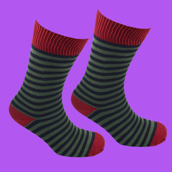 Green and Blackj Stripe Socks Purple Background