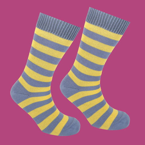 Light Blue and Yellow Striped Socks Deep Purple Background